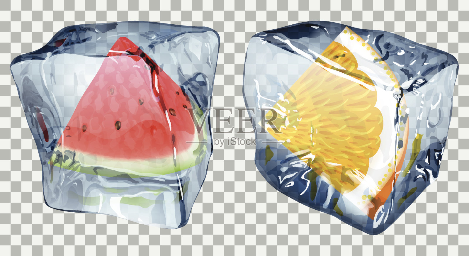 透明的冰块加上西瓜片和橙子片插画图片素材