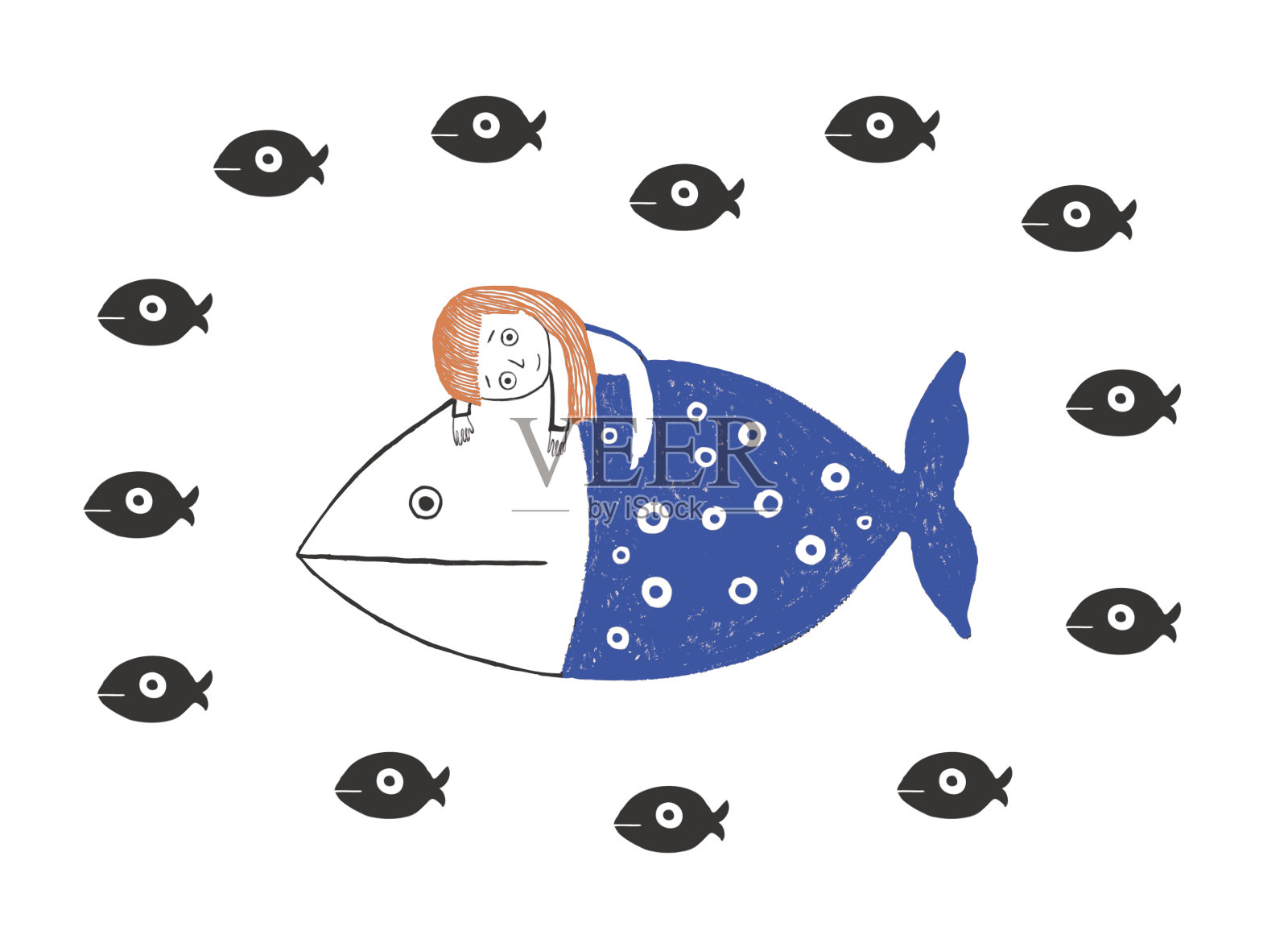 小女孩和鱼在海洋矢量插图插画图片素材
