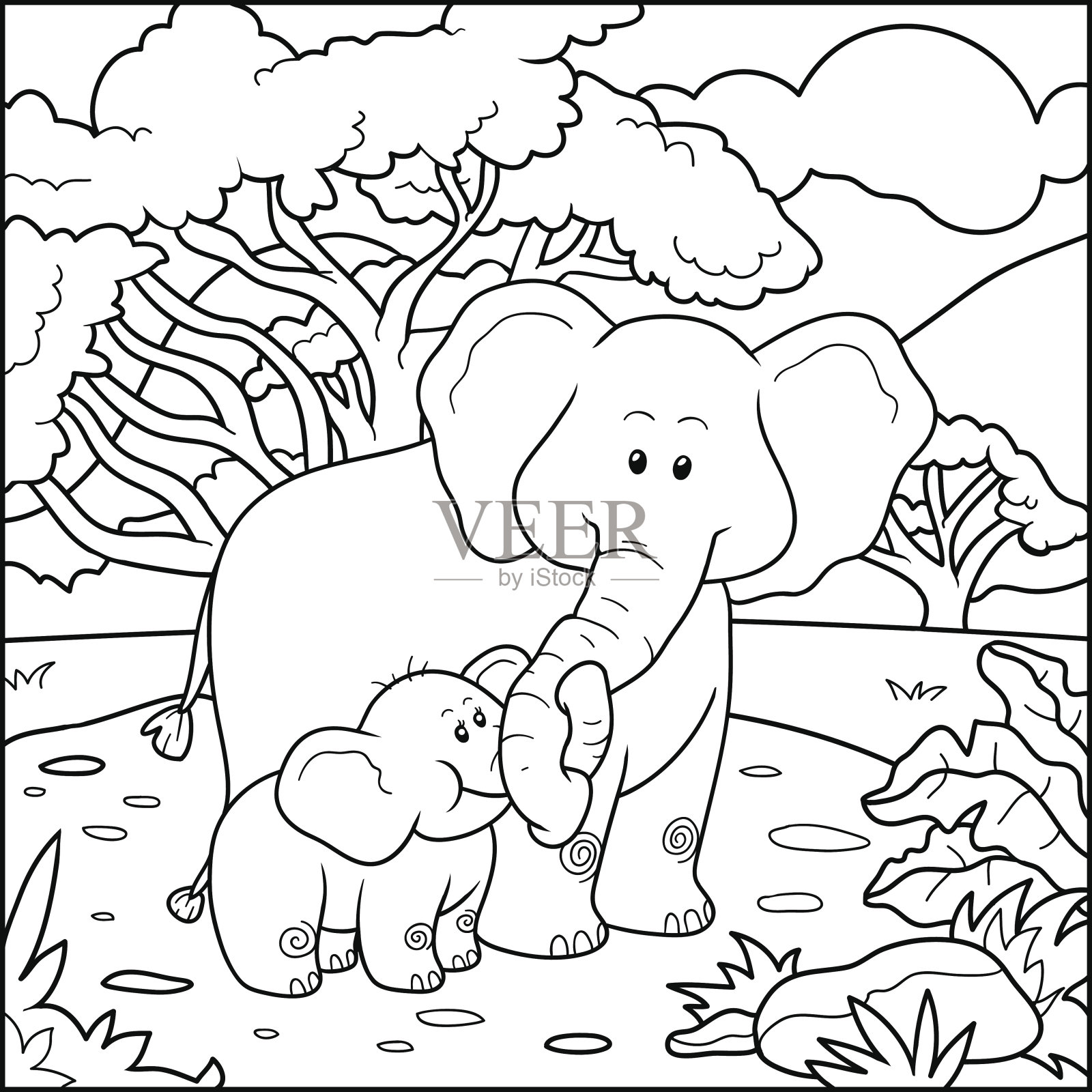 儿童涂色书(两头大象)插画图片素材