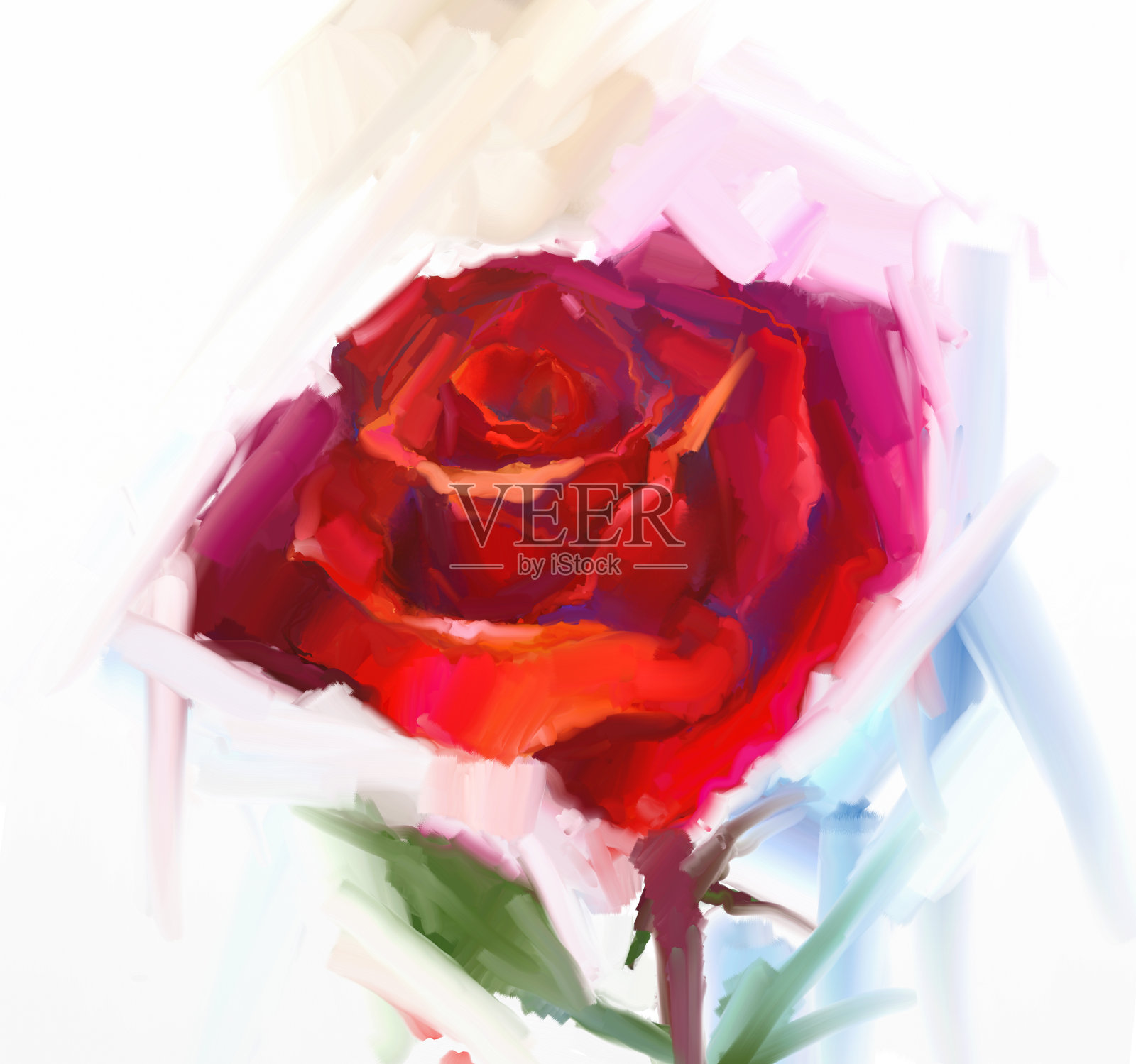 红玫瑰绿叶油画插画图片素材