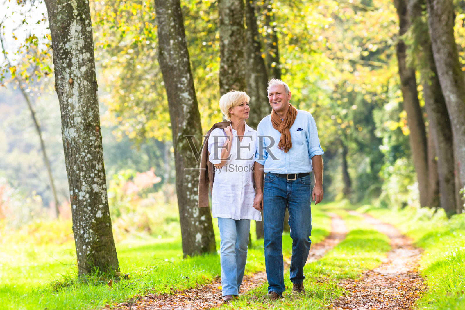 一对老年夫妇在树林里散步照片摄影图片