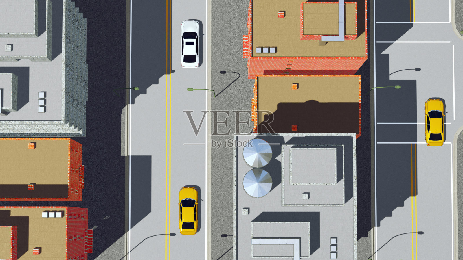 卡通城市道路与汽车鸟瞰图插画图片素材