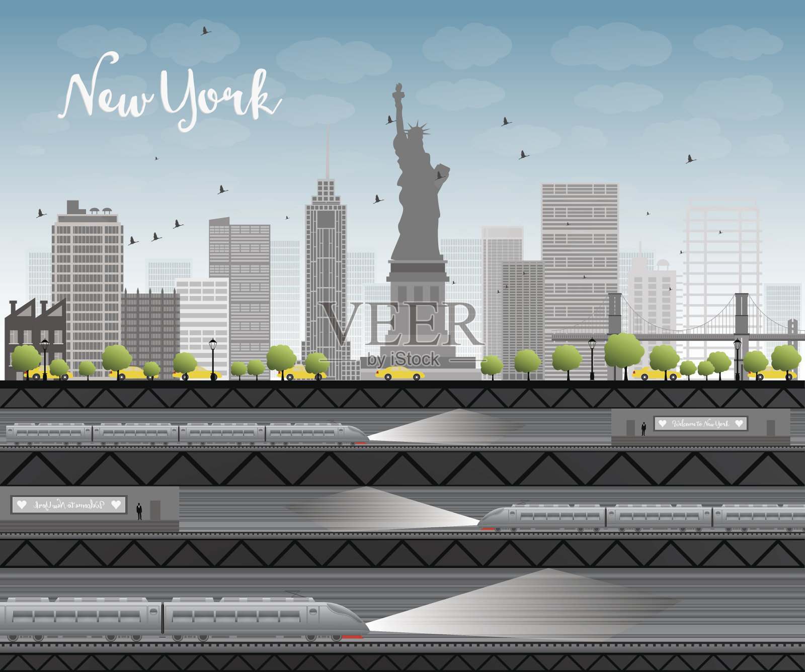纽约市的天际线，蓝天，白云，黄色出租车插画图片素材