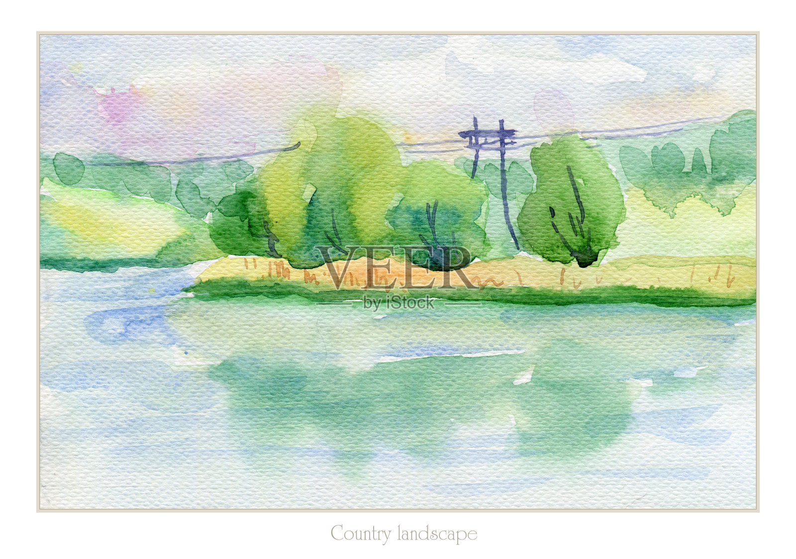 水彩景观河流和树木。插画图片素材