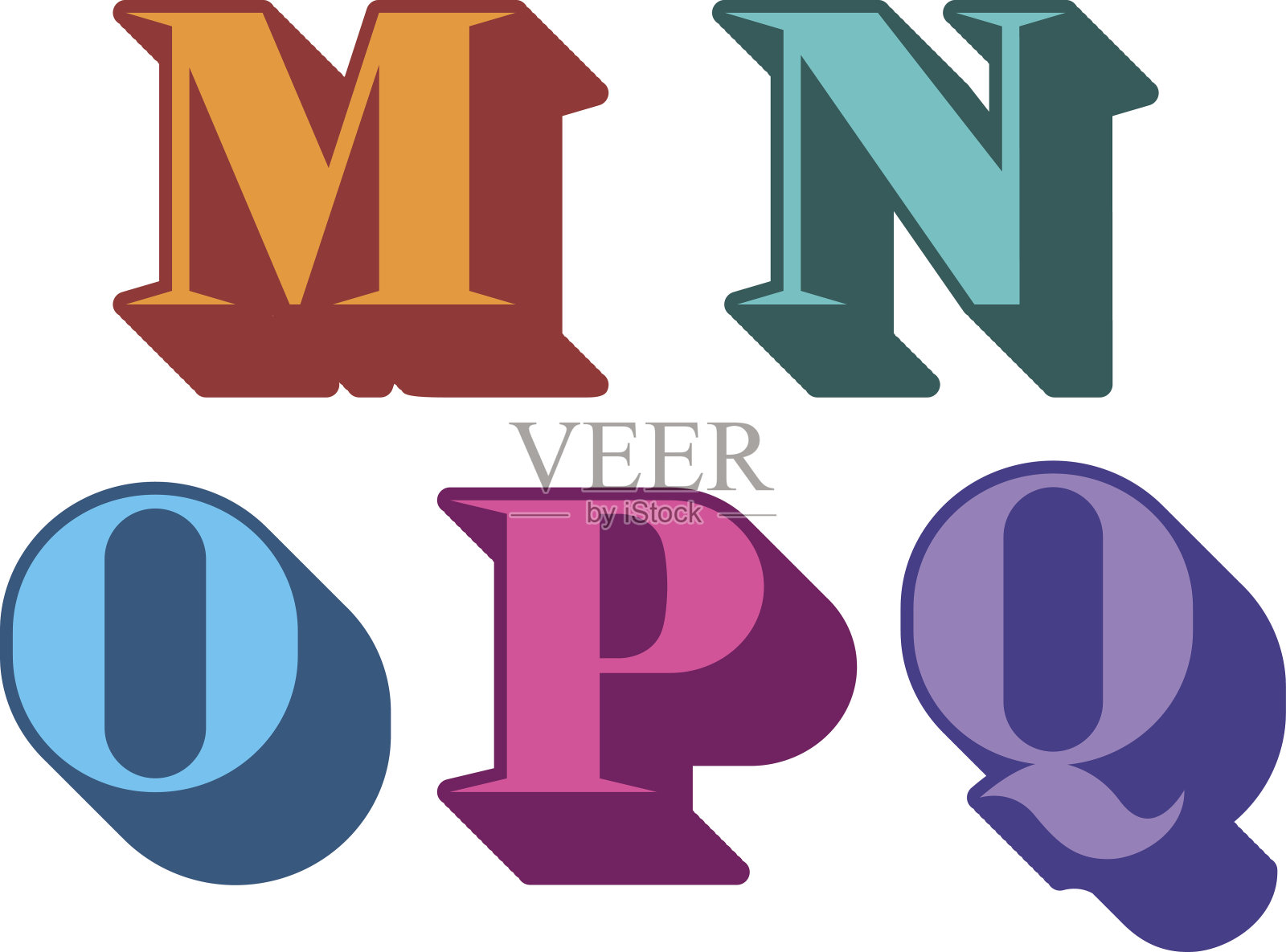 彩色字母serif M, N, O, P, Q插画图片素材