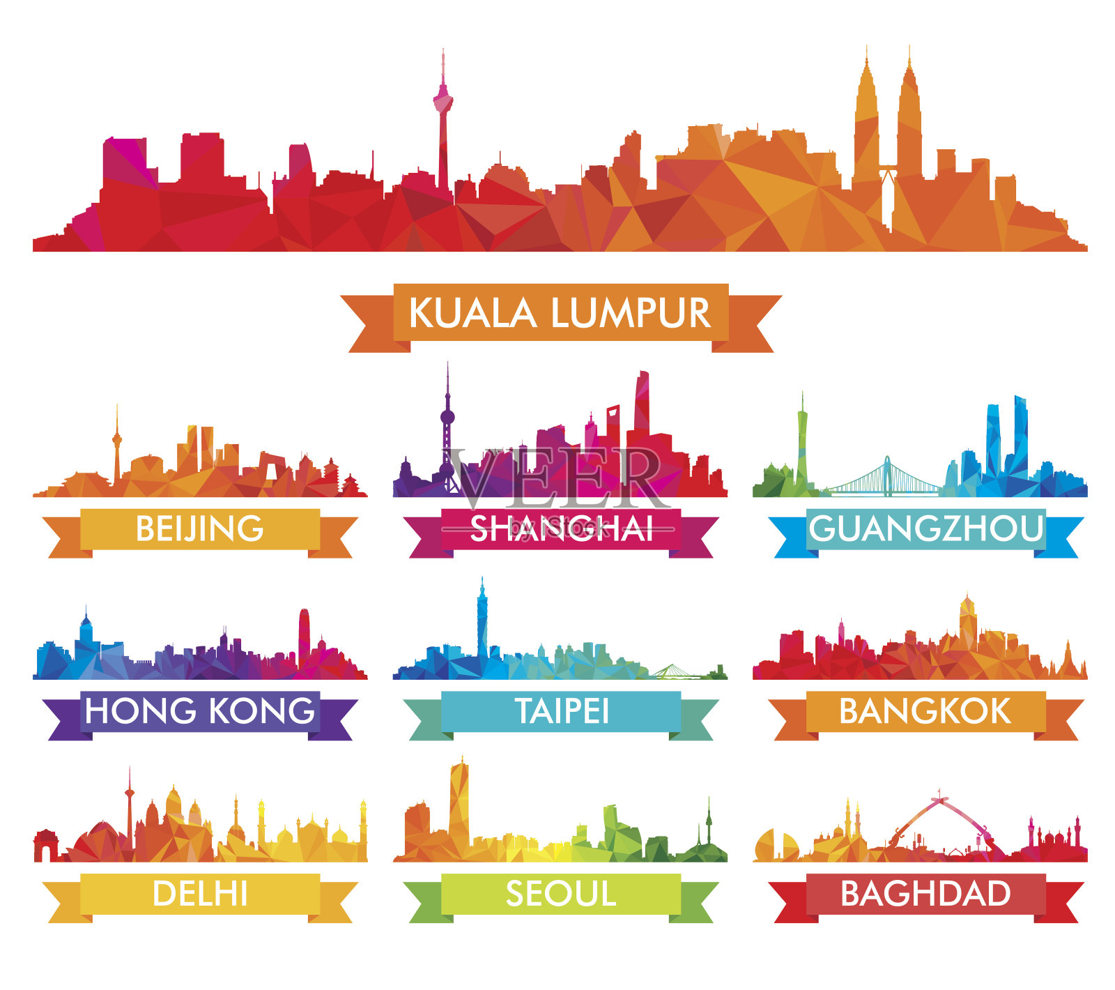 多彩的亚洲城市天际线插画图片素材