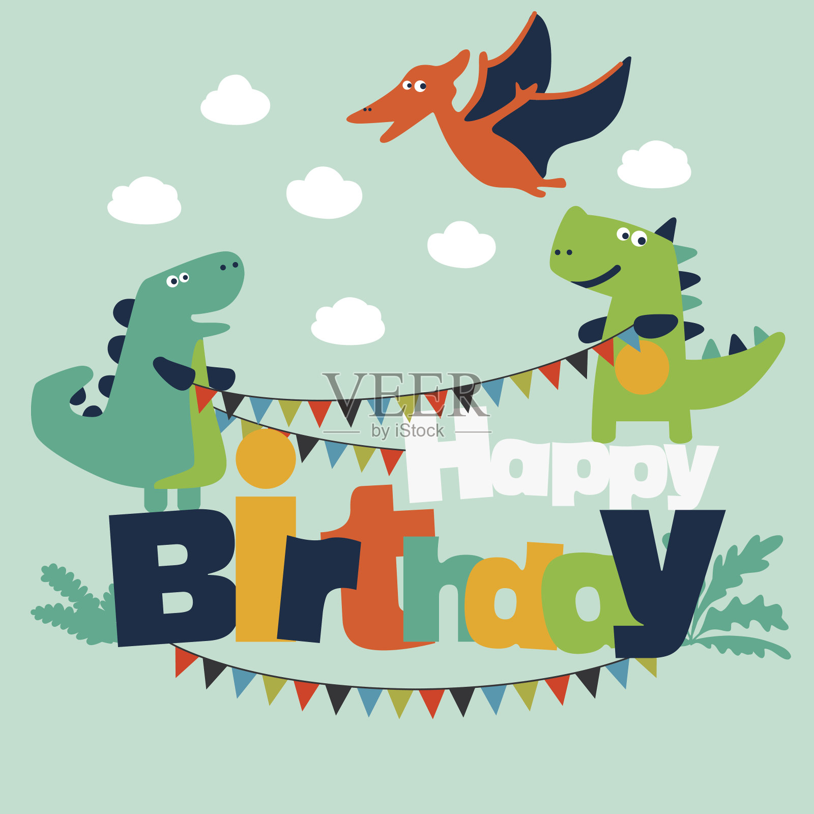 生日快乐，可爱的卡片上有有趣的恐龙和花环插画图片素材