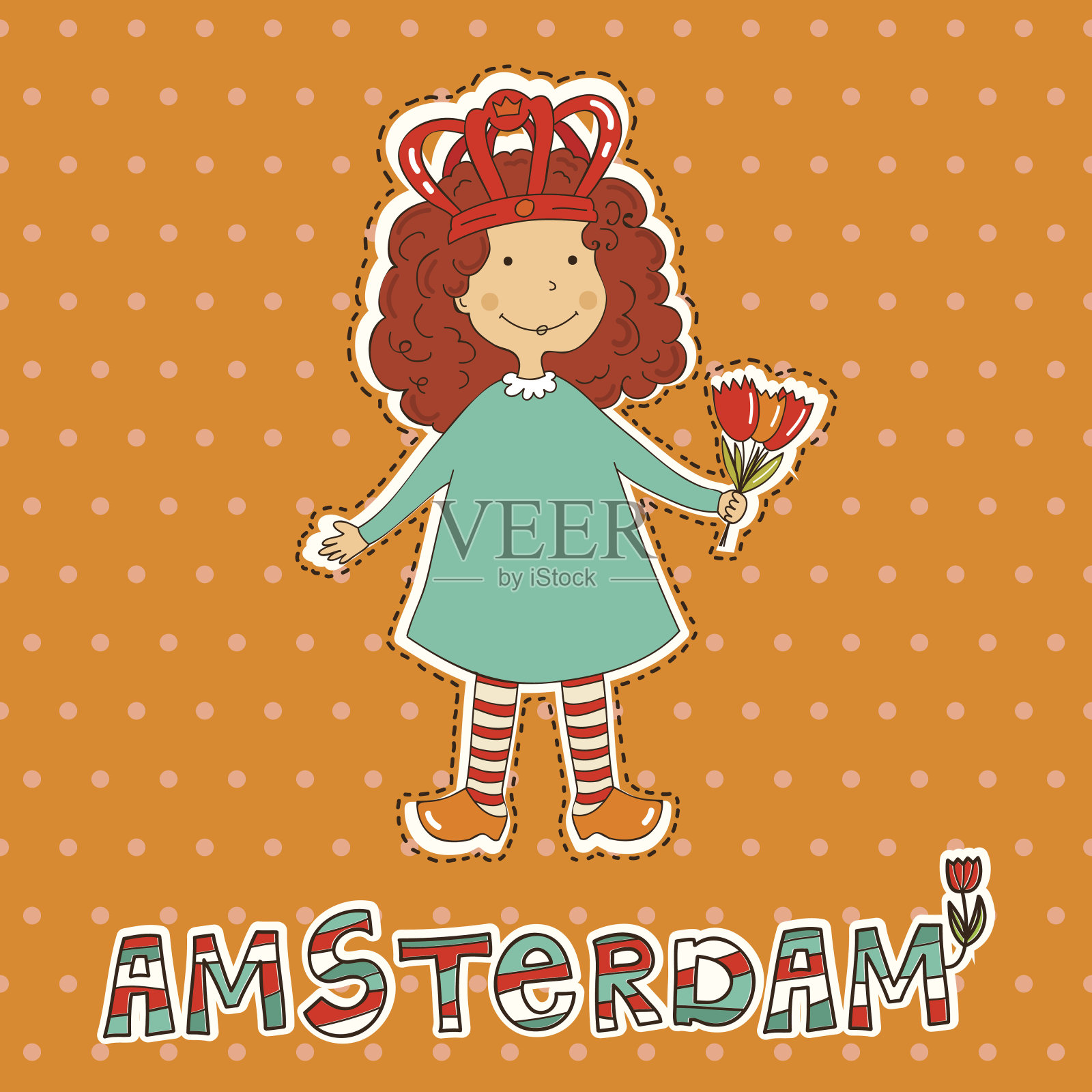 向量卡与可爱的女孩和阿姆斯特丹的标志。插画图片素材