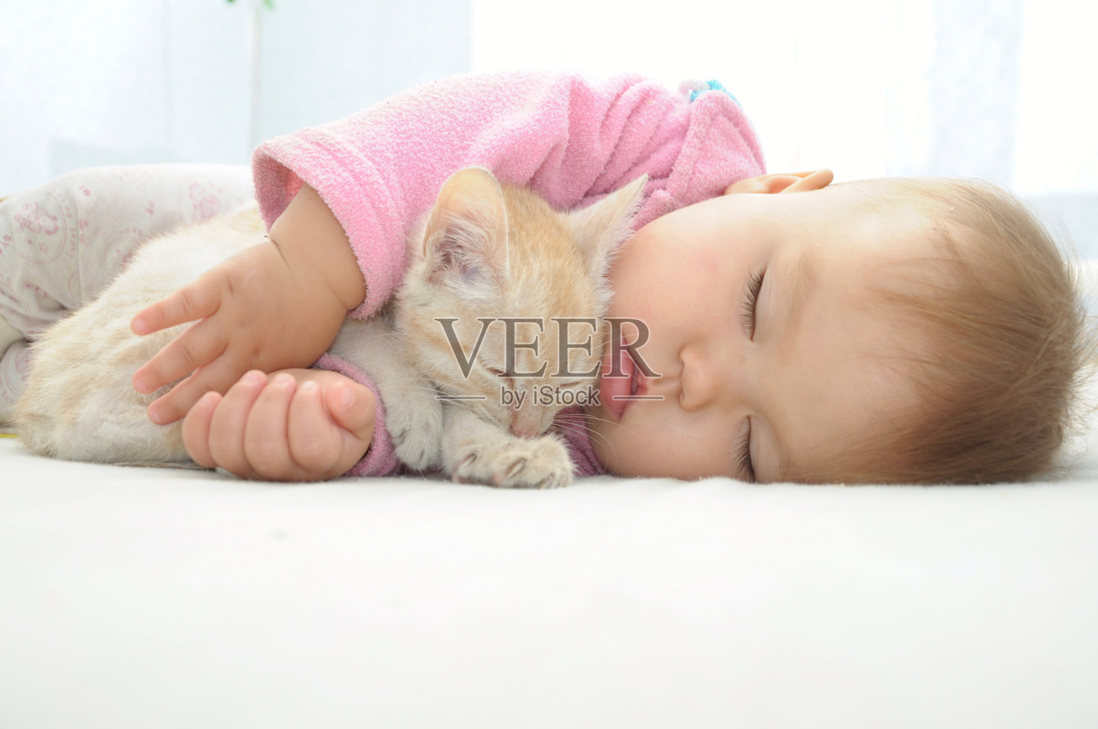 宝宝和猫睡在一起照片摄影图片