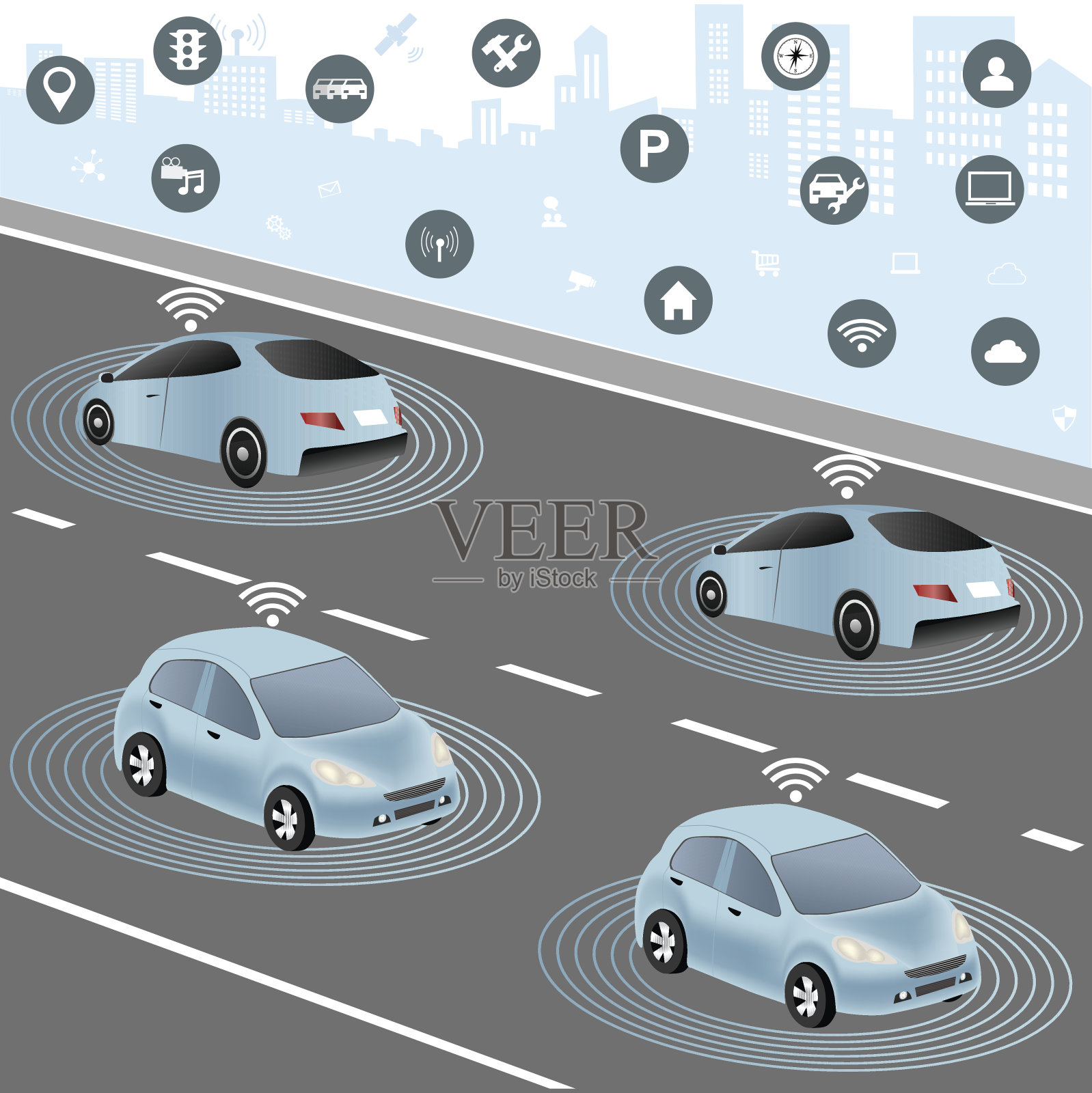 自动驾驶汽车和汽车无线网络插画图片素材