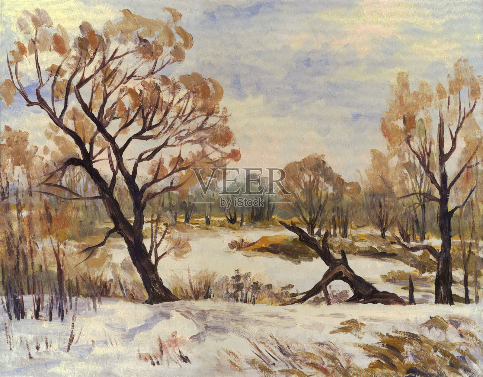 冬天有树的风景，油画插画图片素材