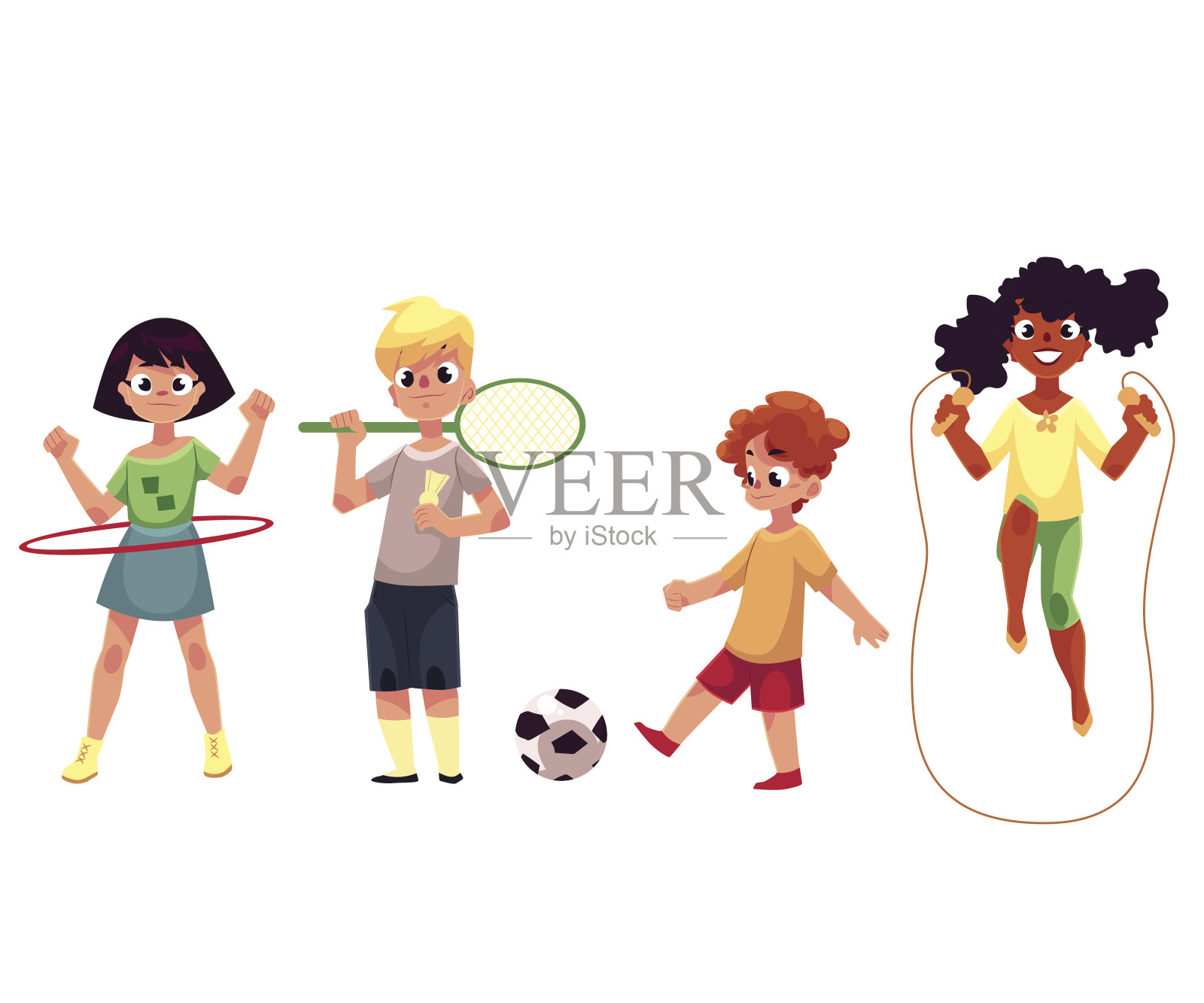 孩子们转呼啦圈，打羽毛球，踢足球，跳绳设计元素图片