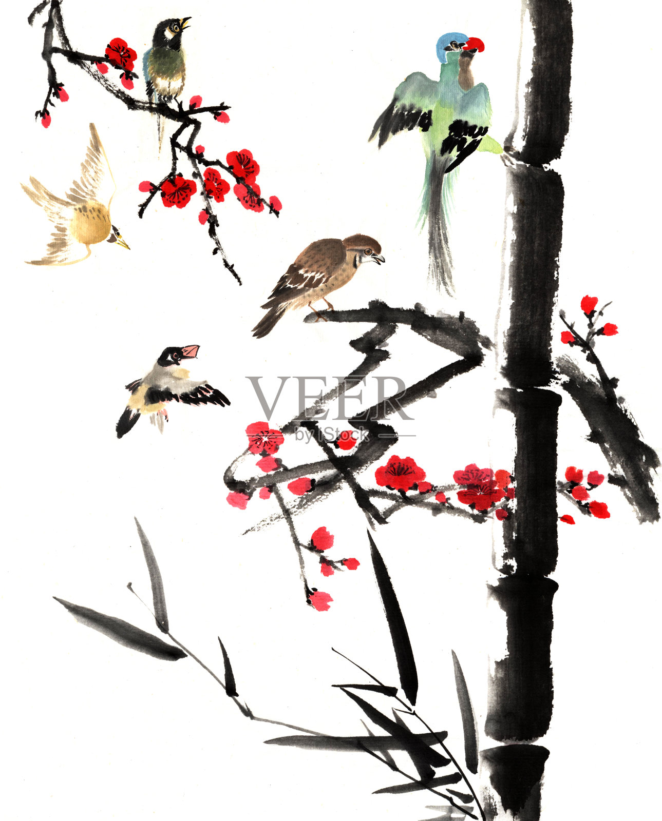 传统中国的观点——竹子和梅花插画图片素材