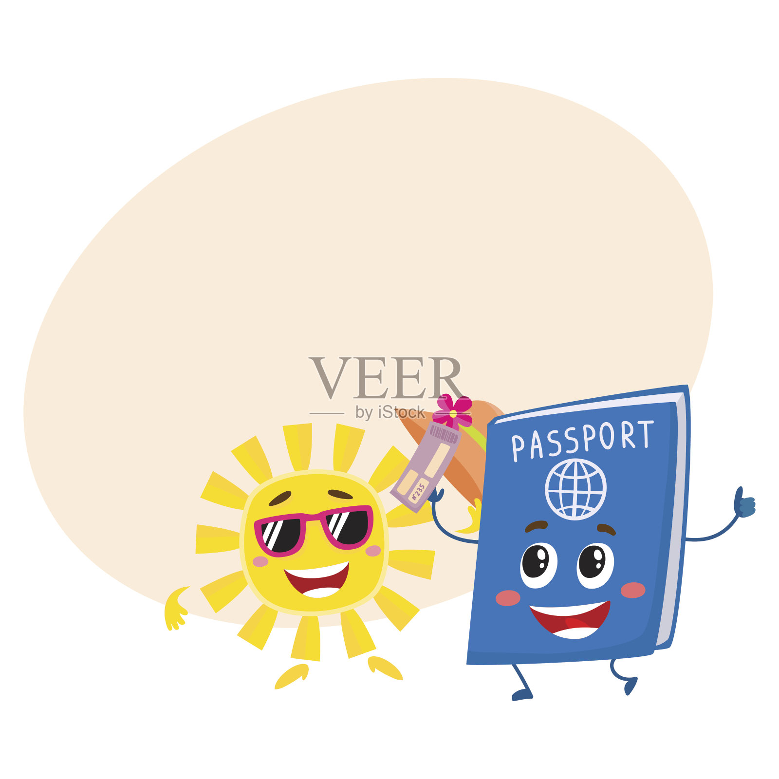 太阳和护照人物，假期，暑假概念插画图片素材