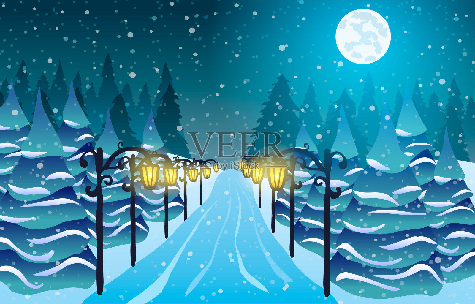 灯光、圣诞树和月亮之间的雪巷。插画图片素材