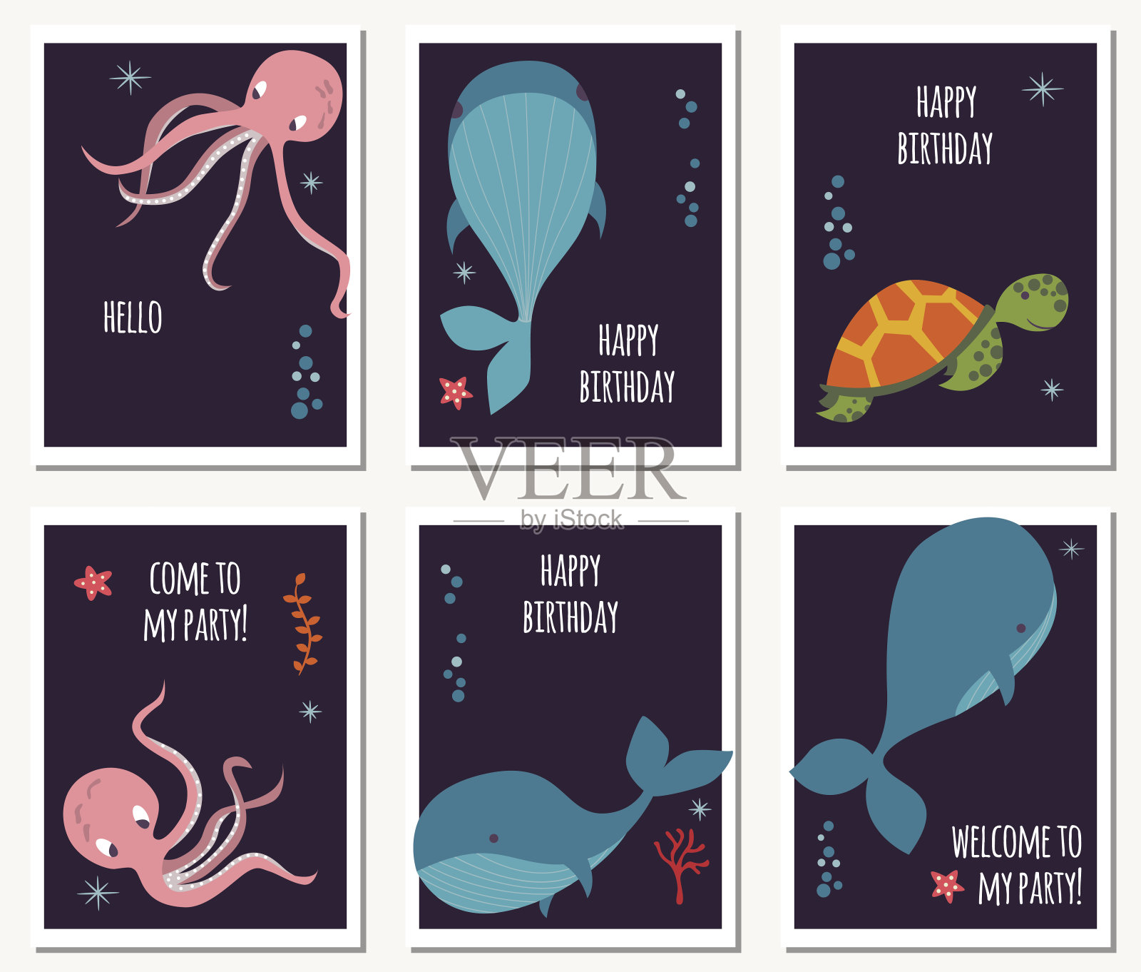 一套六张卡片，上面有水下动物和生日祝福语，有鲸鱼、章鱼、海龟，色彩缤纷设计模板素材