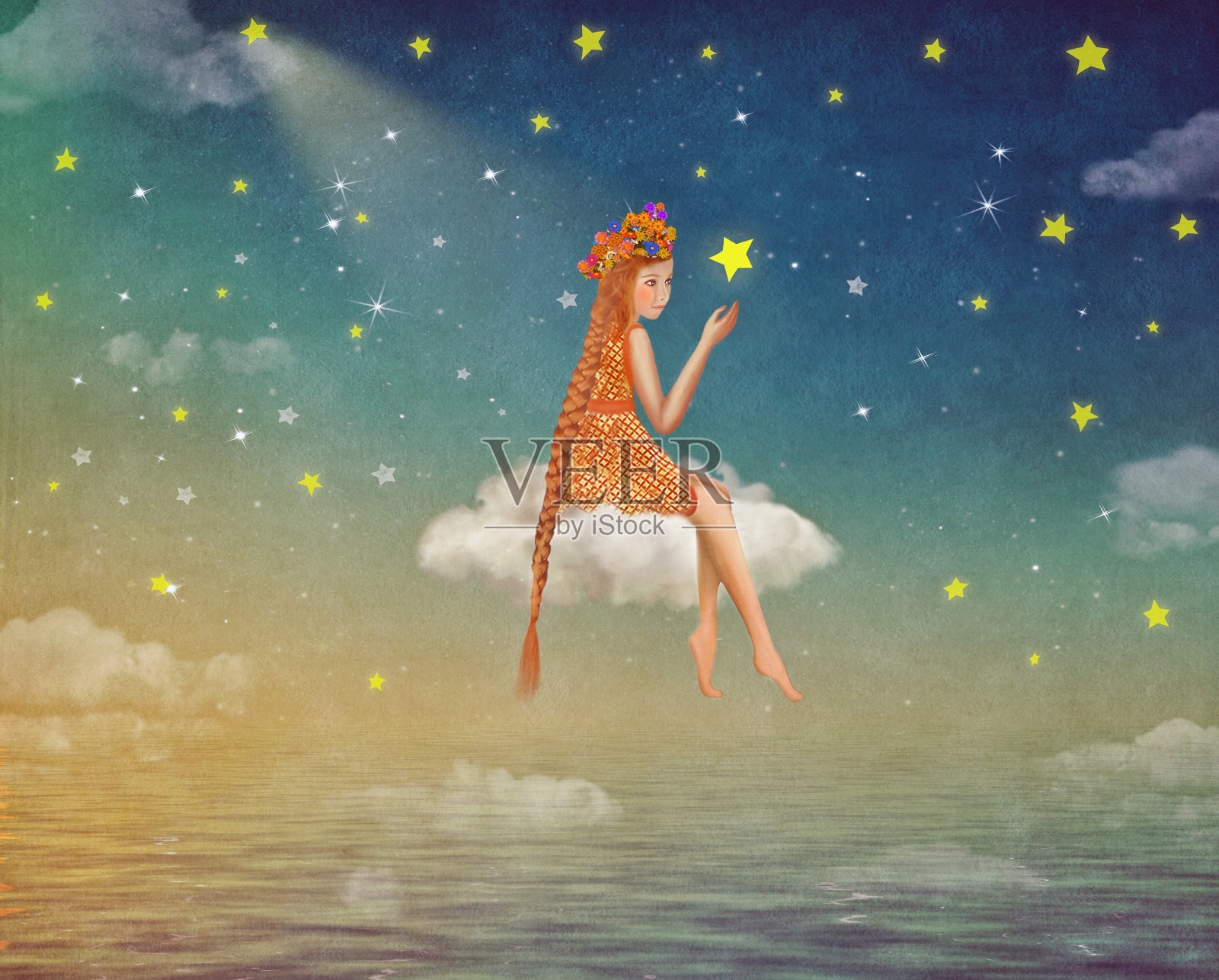 可爱的女孩坐在夜空中的月亮上的插图插画图片素材