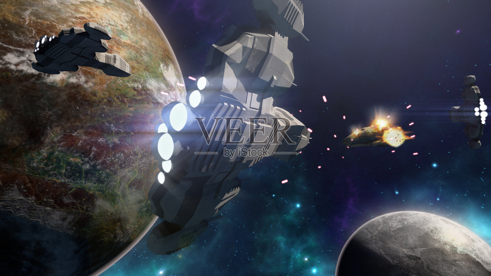 宇宙飞船在战斗中的3D渲染宇宙场景插画图片素材