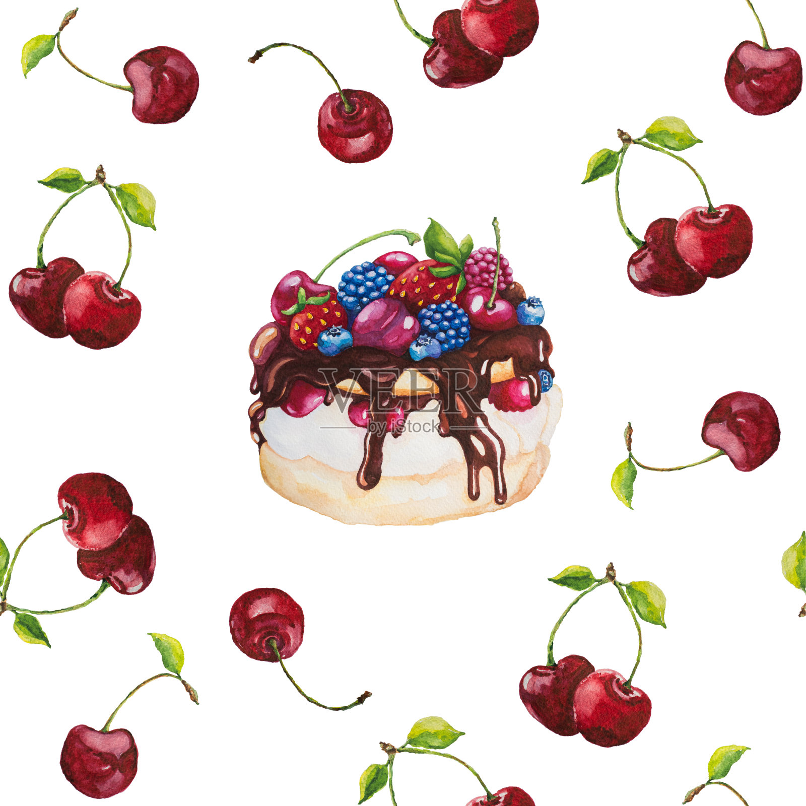 水彩画蛋糕和樱桃甜图案。插画图片素材