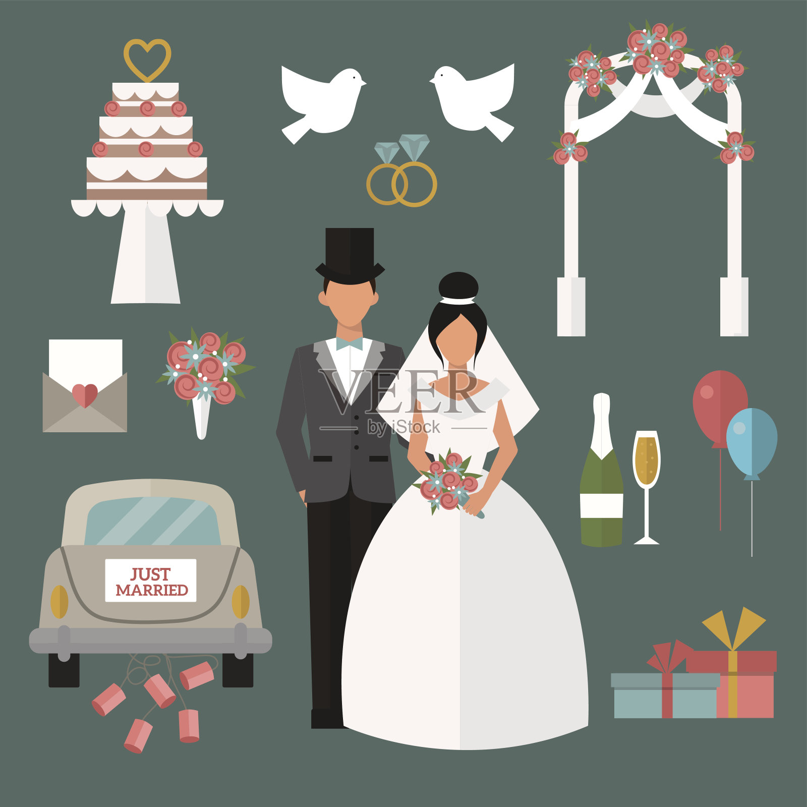 婚礼夫妇和图标卡通风格矢量插图插画图片素材