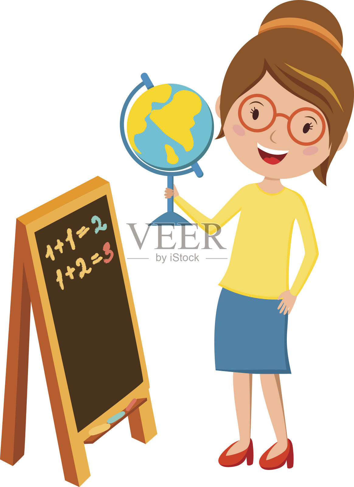 快乐小学老师用地球仪手和黑板卡通插画图片素材