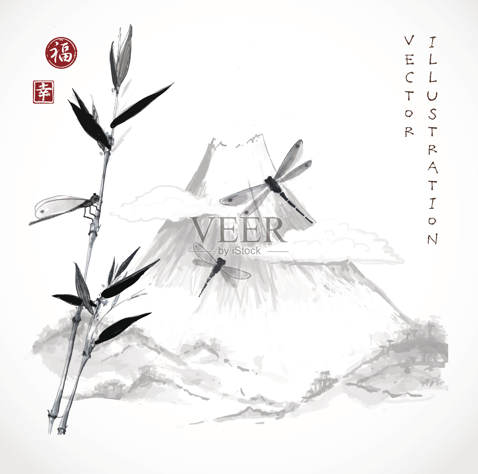 富士山，竹枝和蜻蜓。插画图片素材