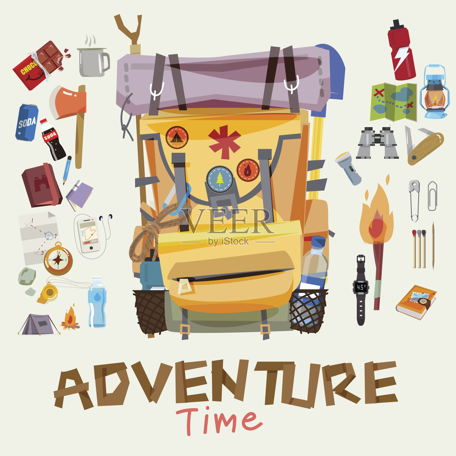 冒险背包与旅行者物品在圆形框架。出现插画图片素材