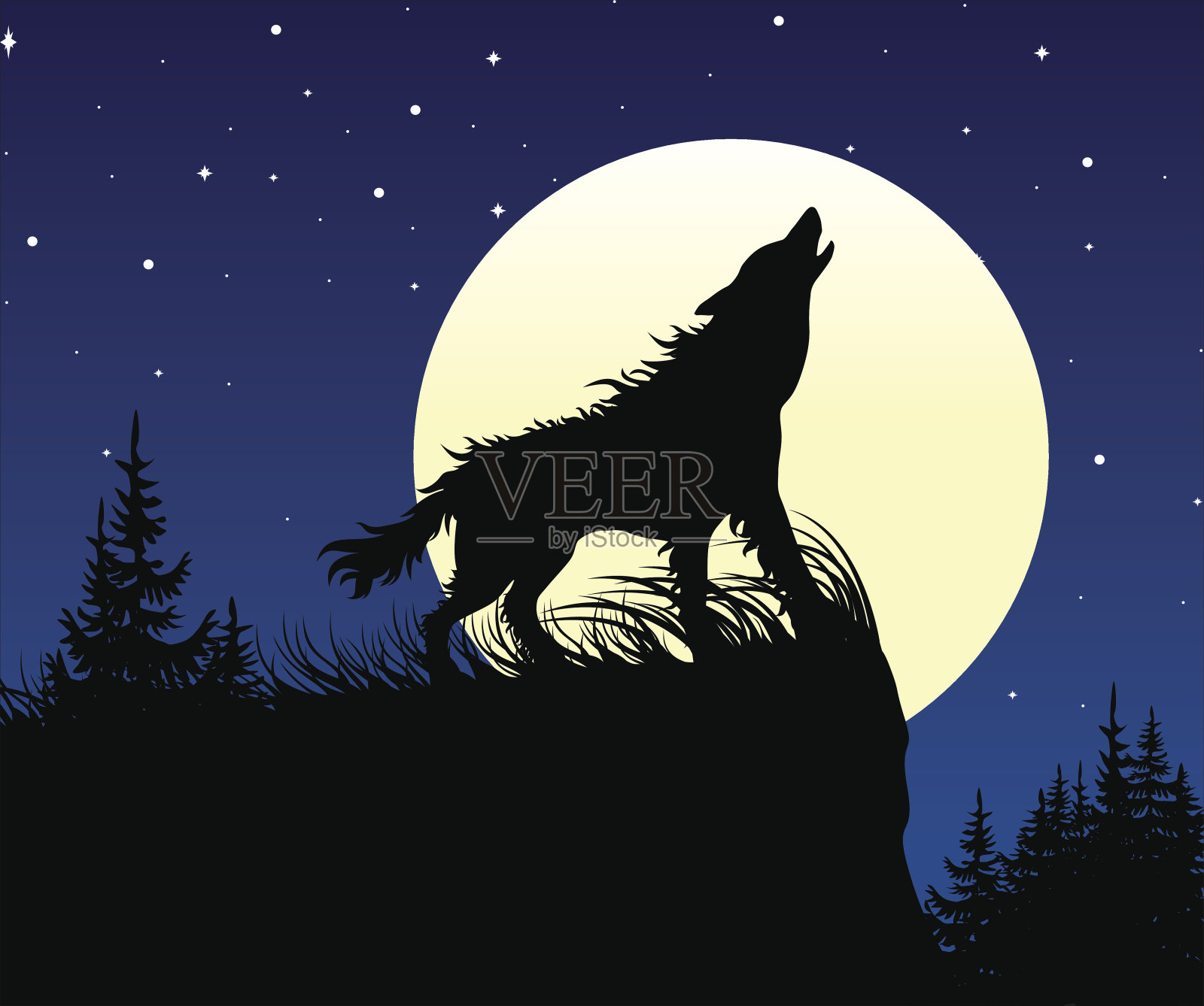 狼在夜晚的满月上嚎叫。插画图片素材