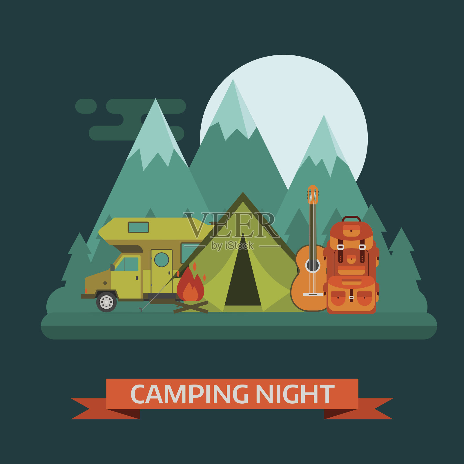 露营车与露营地的夜晚景观插画图片素材