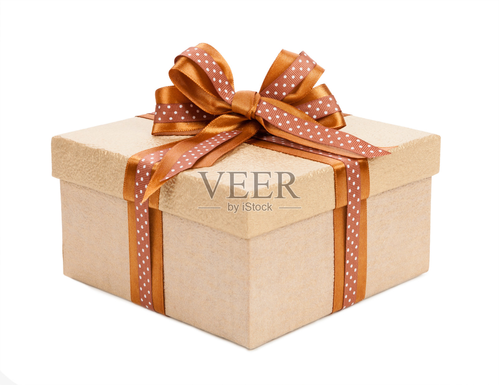 布朗盒子与礼物和弓孤立在白色背景照片摄影图片