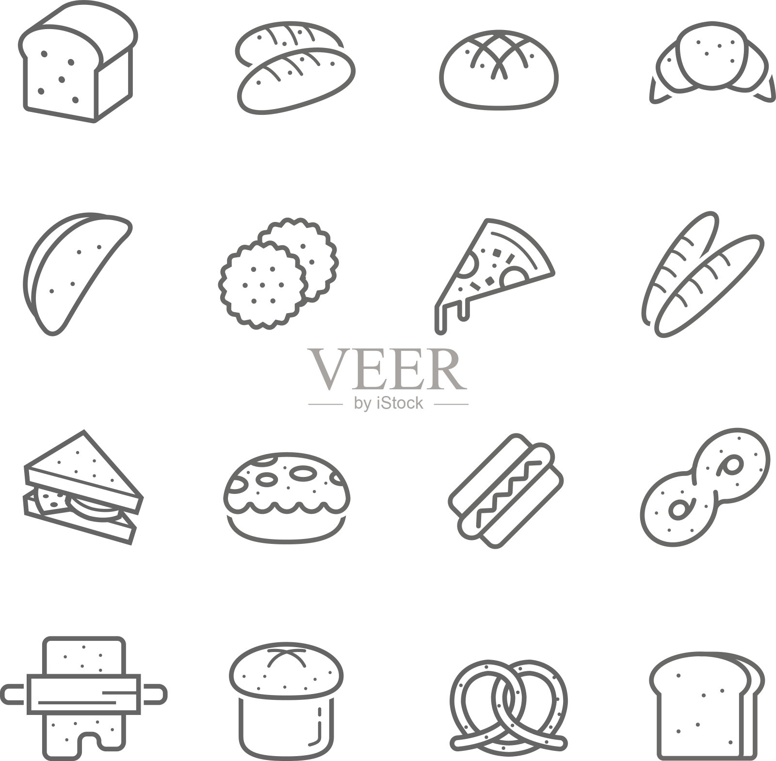 线条图标设置面包和面包房图标素材