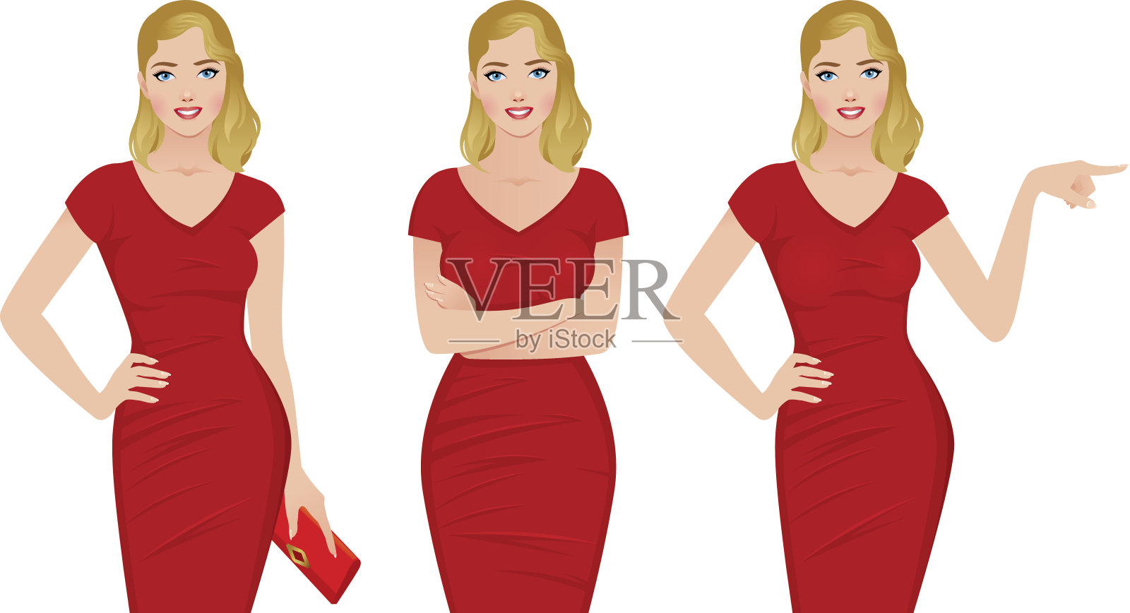 漂亮的金发女人穿着红色裙子摆出各种姿势插画图片素材