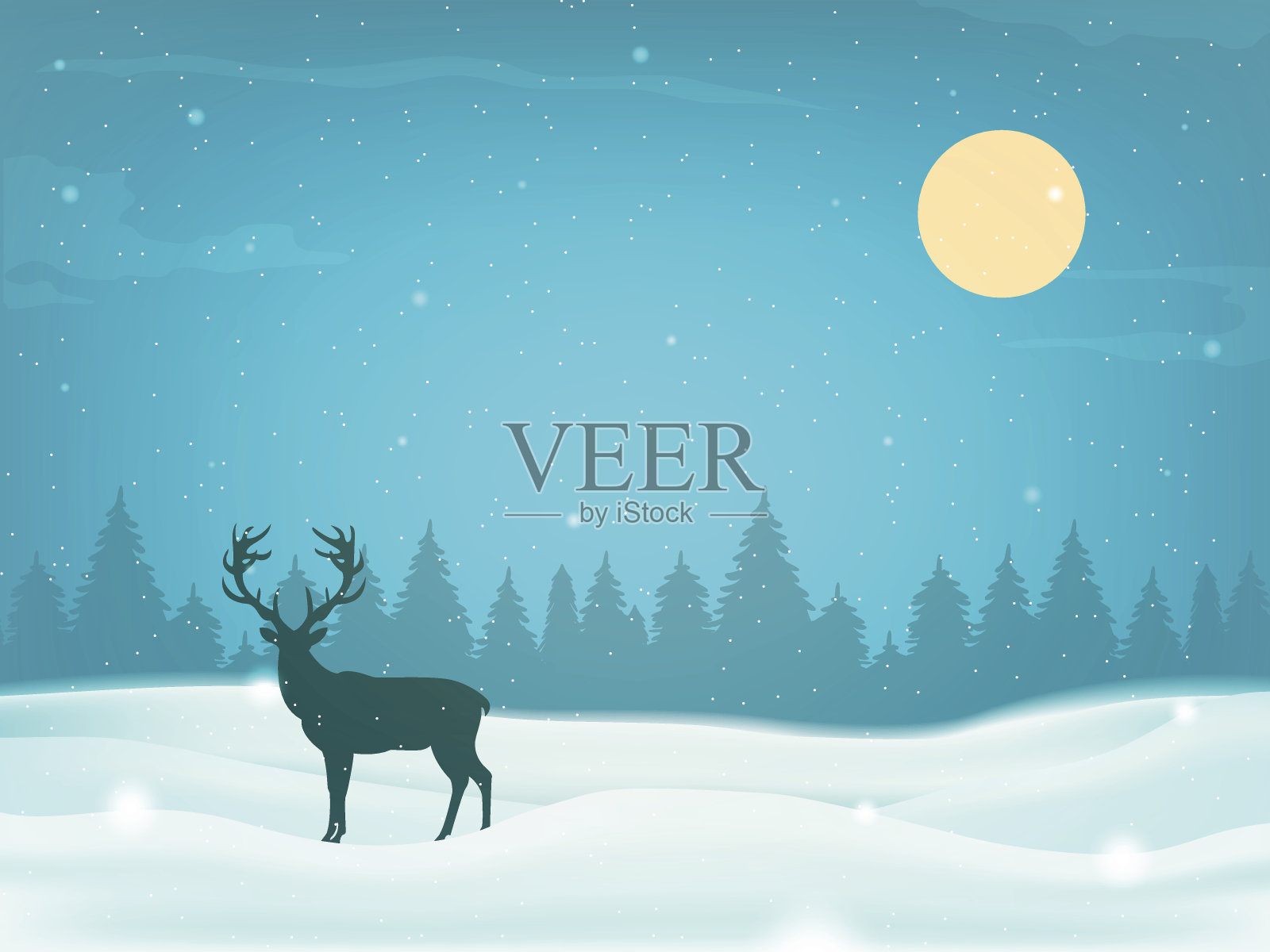 冬季景观背景与冬季树和驯鹿的剪影。向量插画图片素材