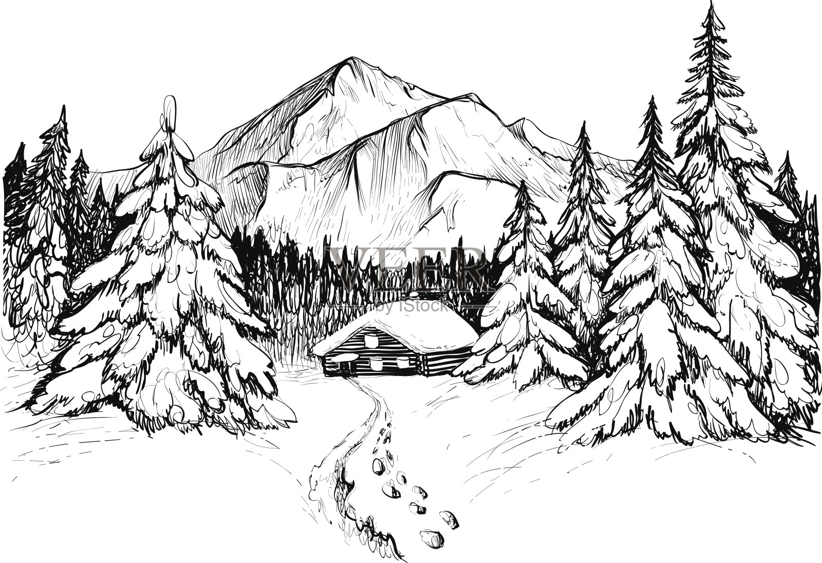 冬季森林在山上和房子，素描插画图片素材
