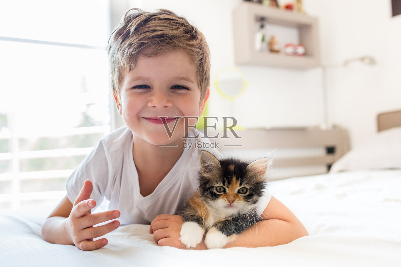 小男孩和可爱的小猫在一起玩插画图片素材_ID:416846435-Veer图库