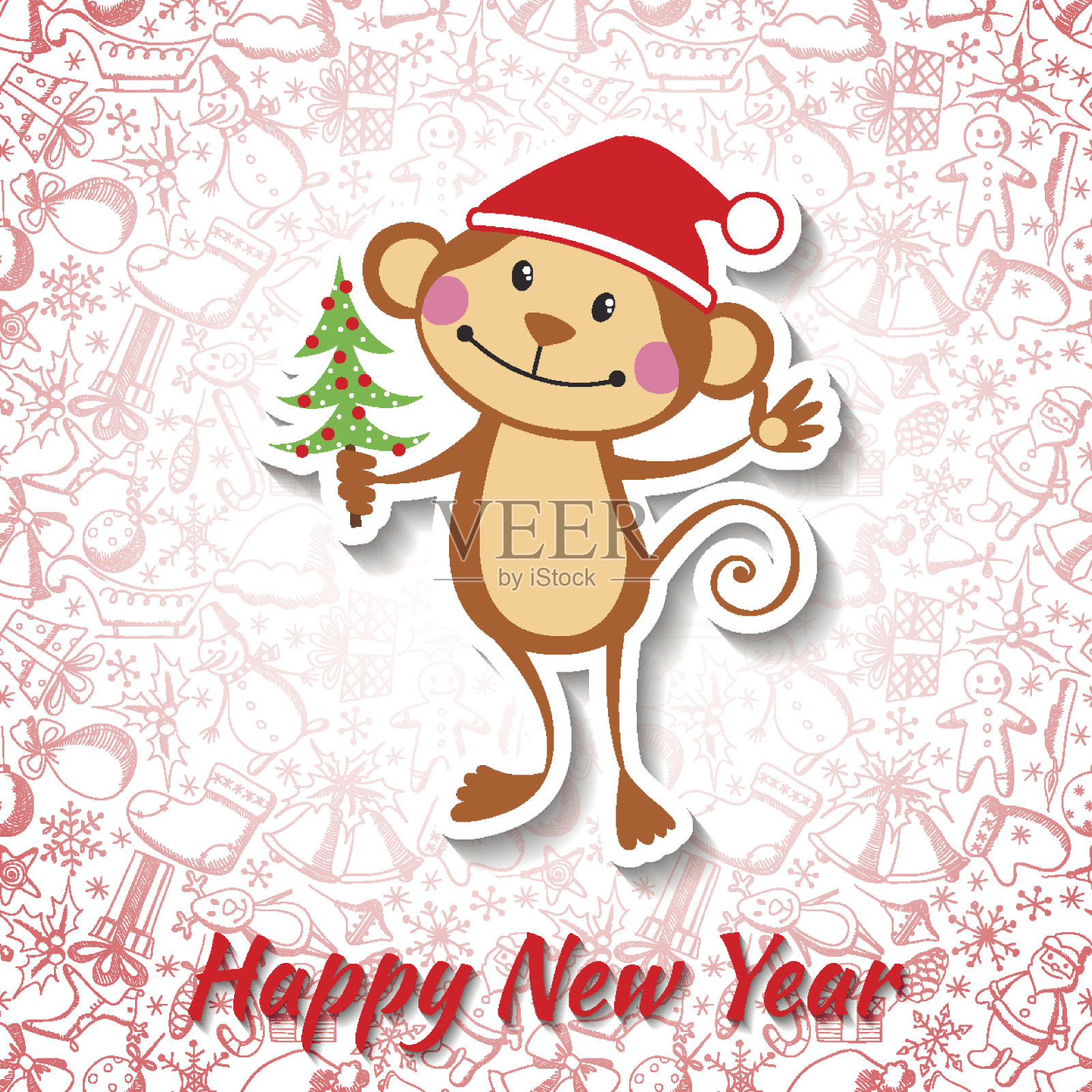 新年贺卡与滑稽的猴子插画图片素材