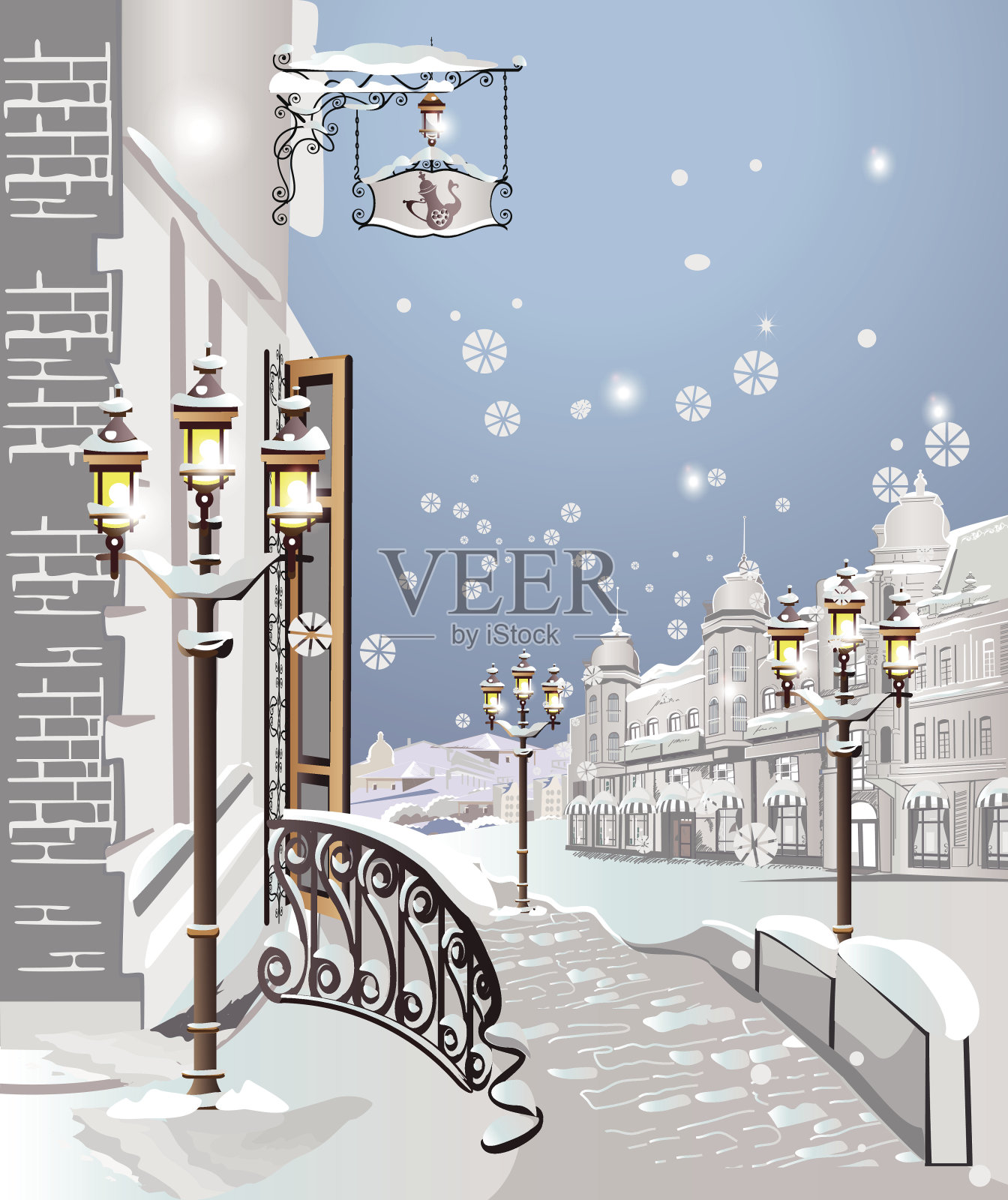 圣诞贺卡，旧城白雪覆盖的建筑插画图片素材