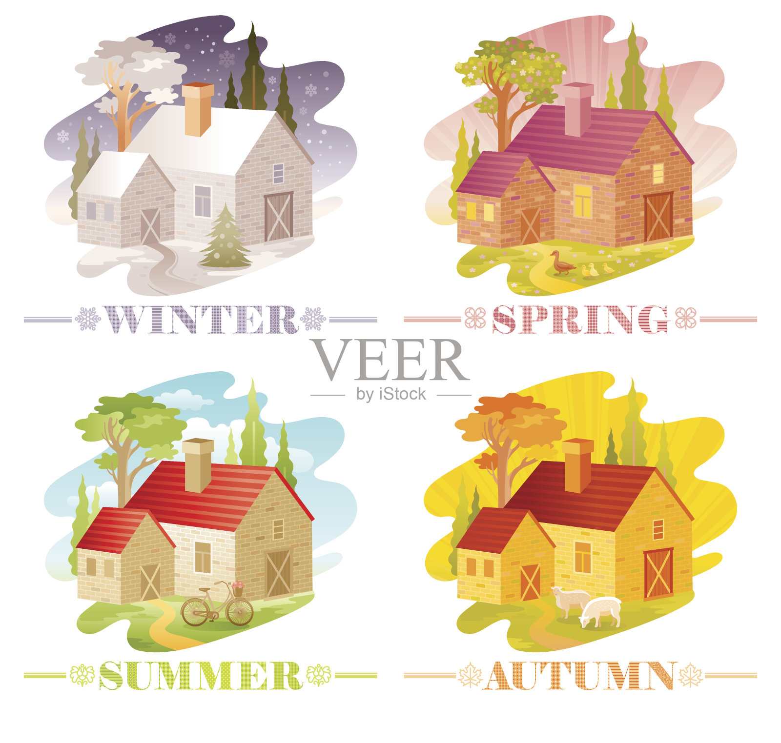四季乡村景观。春天，夏天，秋天，冬天。矢量图插画图片素材