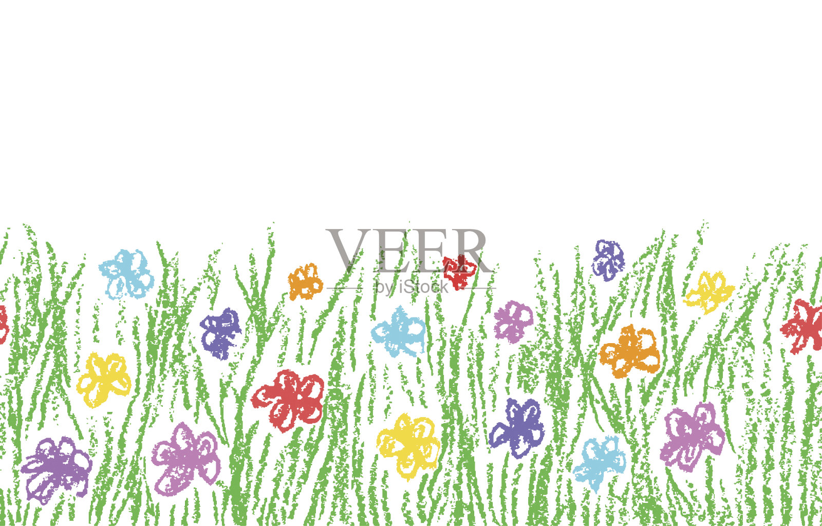 蜡笔手绘绿草与彩色花朵插画图片素材