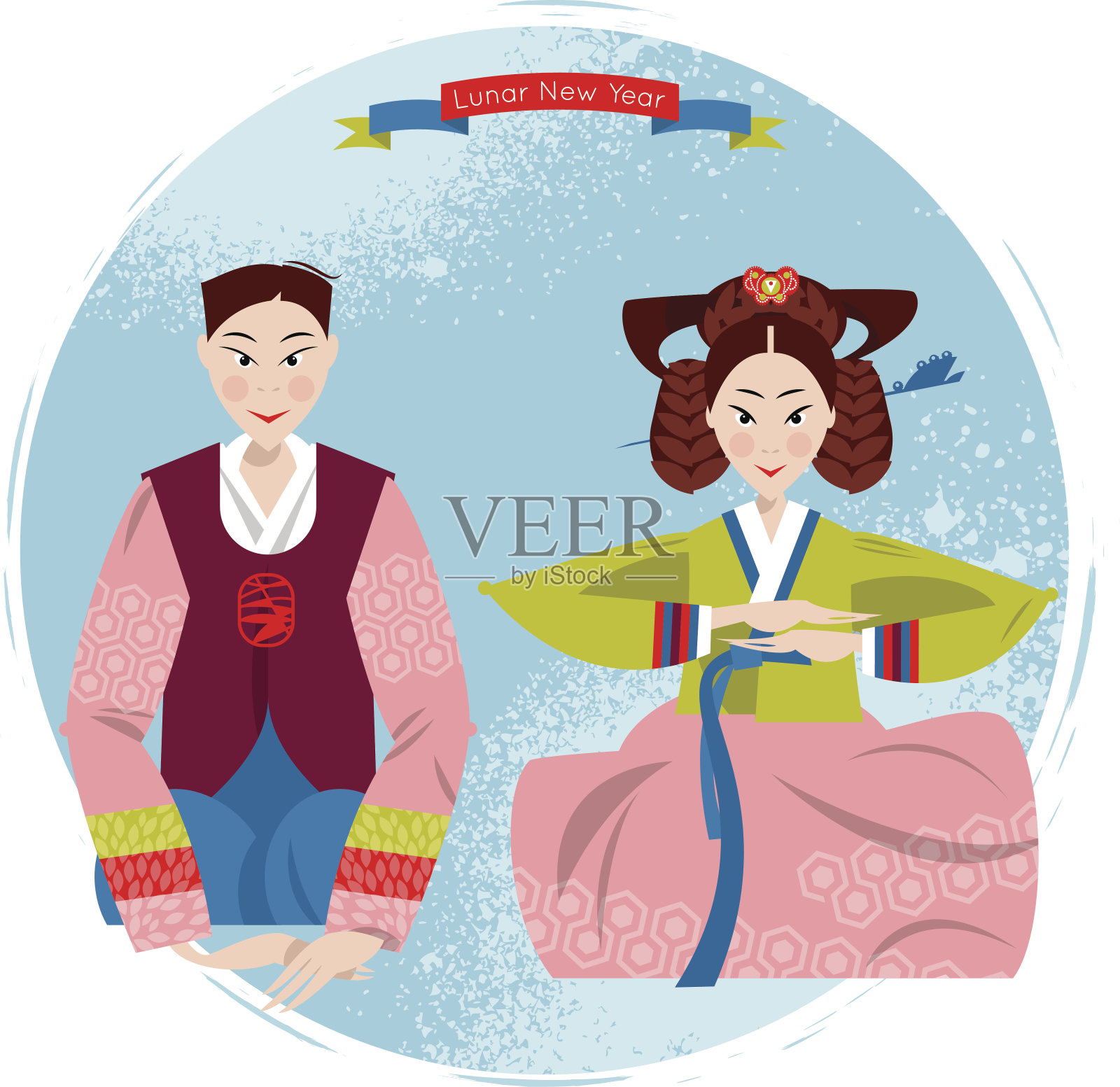 Сouple穿着韩国服装。Seollal。农历新年。插画图片素材