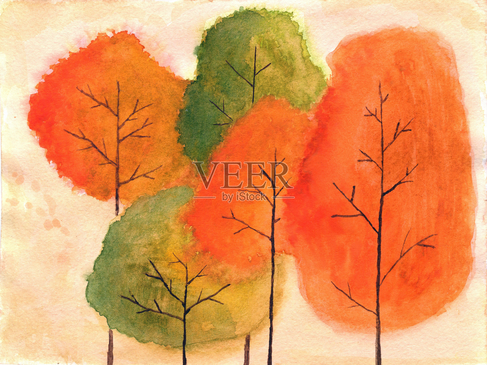 秋天的树木在水彩画插画图片素材