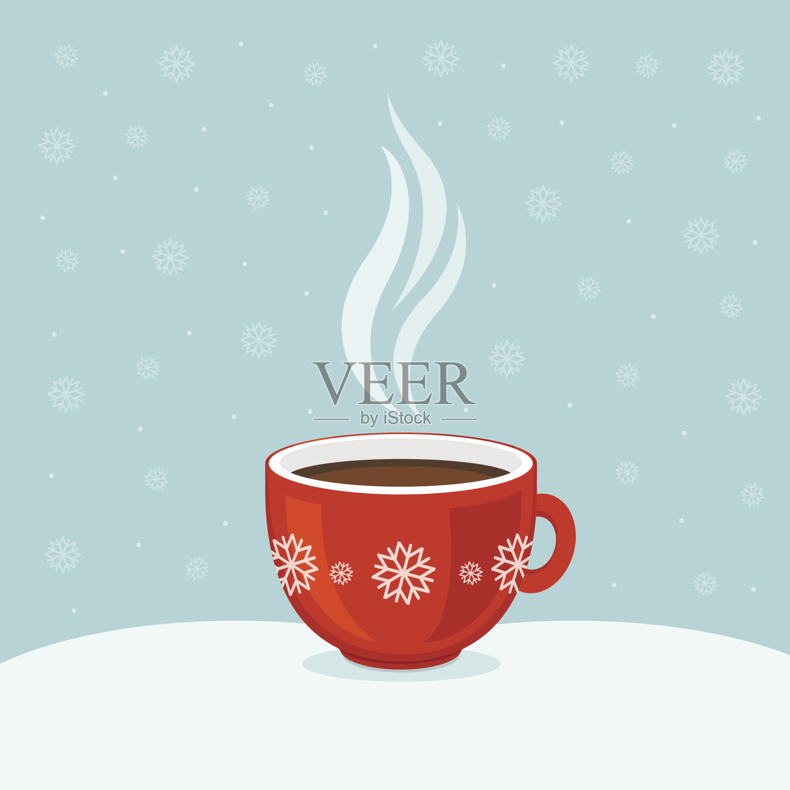 红色杯子里的热咖啡。冬天的背景。圣诞贺卡。设计元素图片