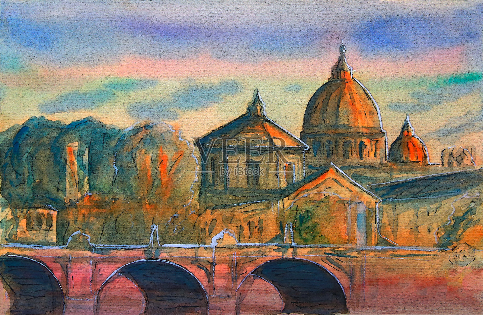 意大利罗马圣彼得大教堂。插画图片素材