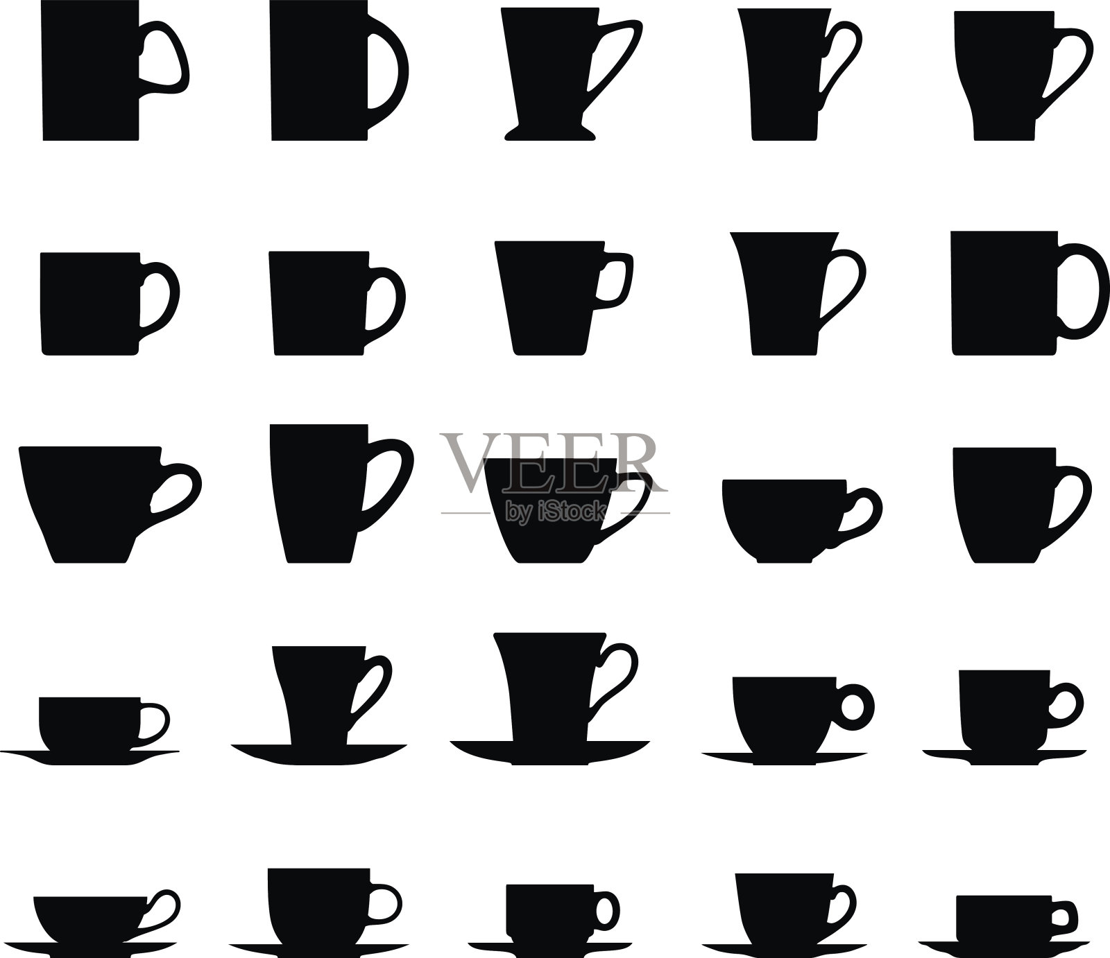 一套不同的剪影茶杯孤立在白色的背景。插画图片素材