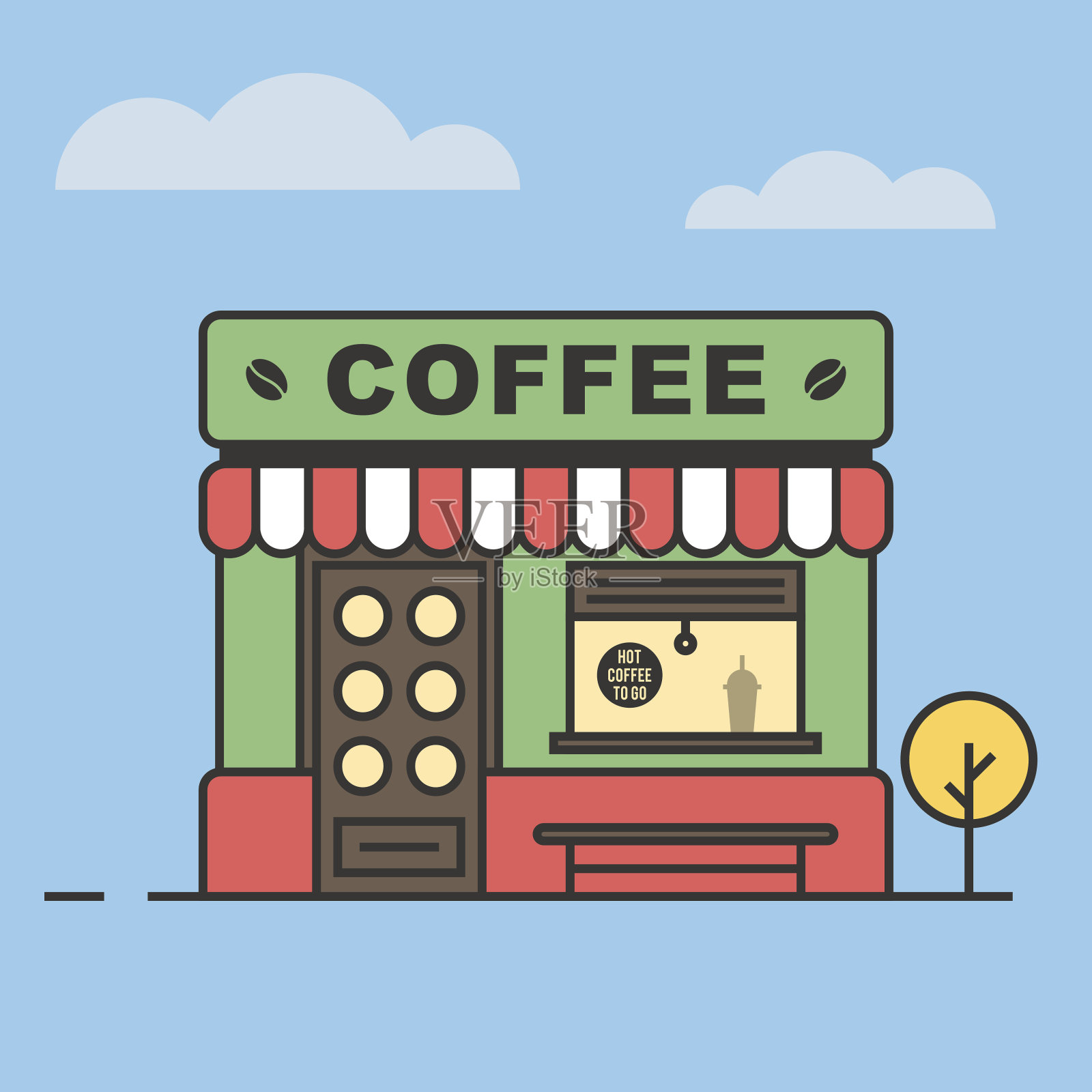 咖啡店，一个有长凳和树的建筑插画图片素材