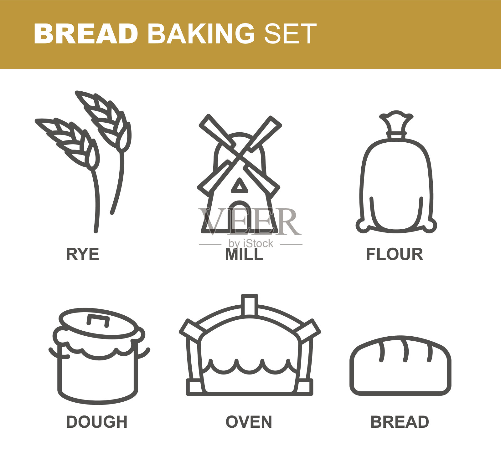 面包烘焙一套图标。面包生产线。插画图片素材