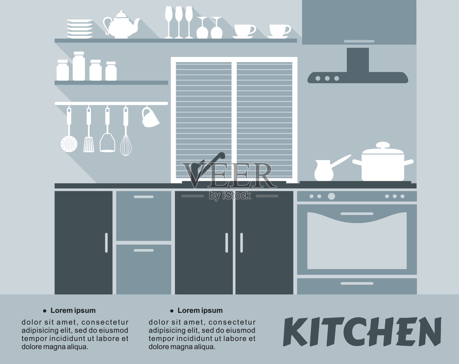 现代蓝色厨房内部平面设计插画图片素材