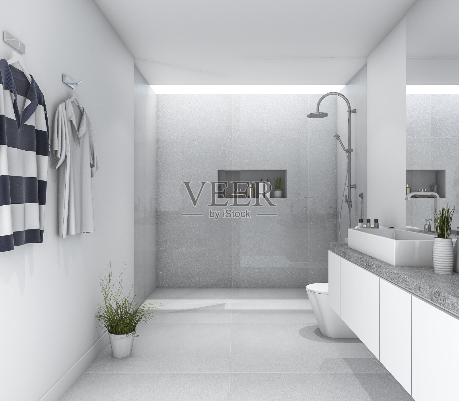 3d渲染白色干净的现代浴室与明亮的日光照片摄影图片