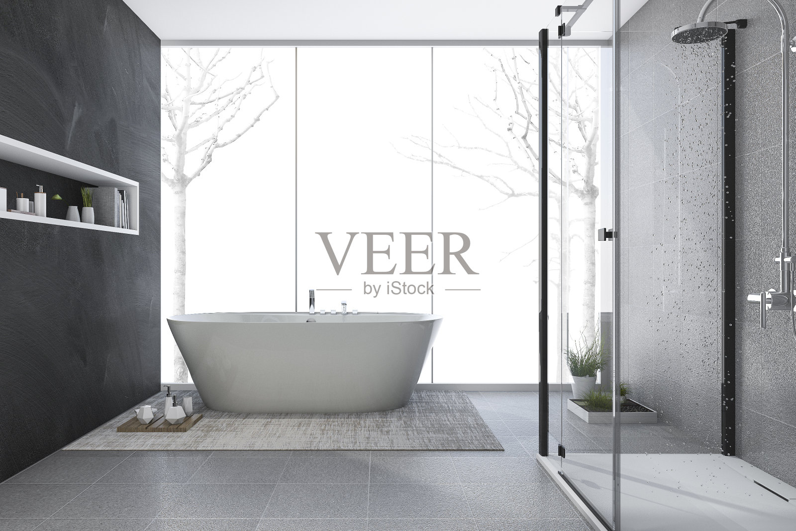 3d渲染现代设计的冬季浴室照片摄影图片