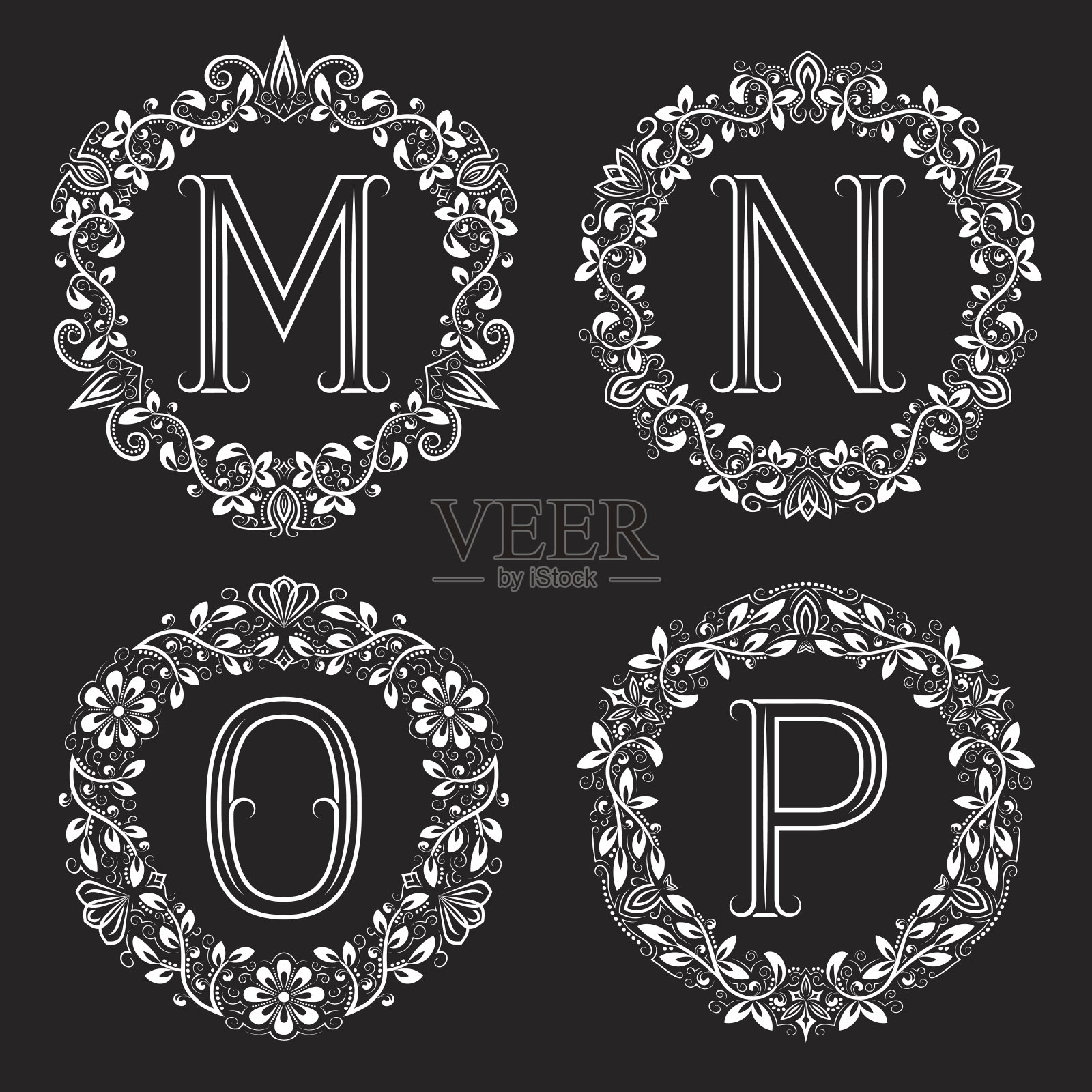 M, N, O, P白色字母在花框架。设计元素图片